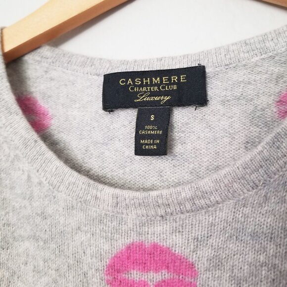 Charter Club 100% Cashmere Lipstick Lips Crewneck Sweater Gray Pink Size S $159 - Picture 9 of 15